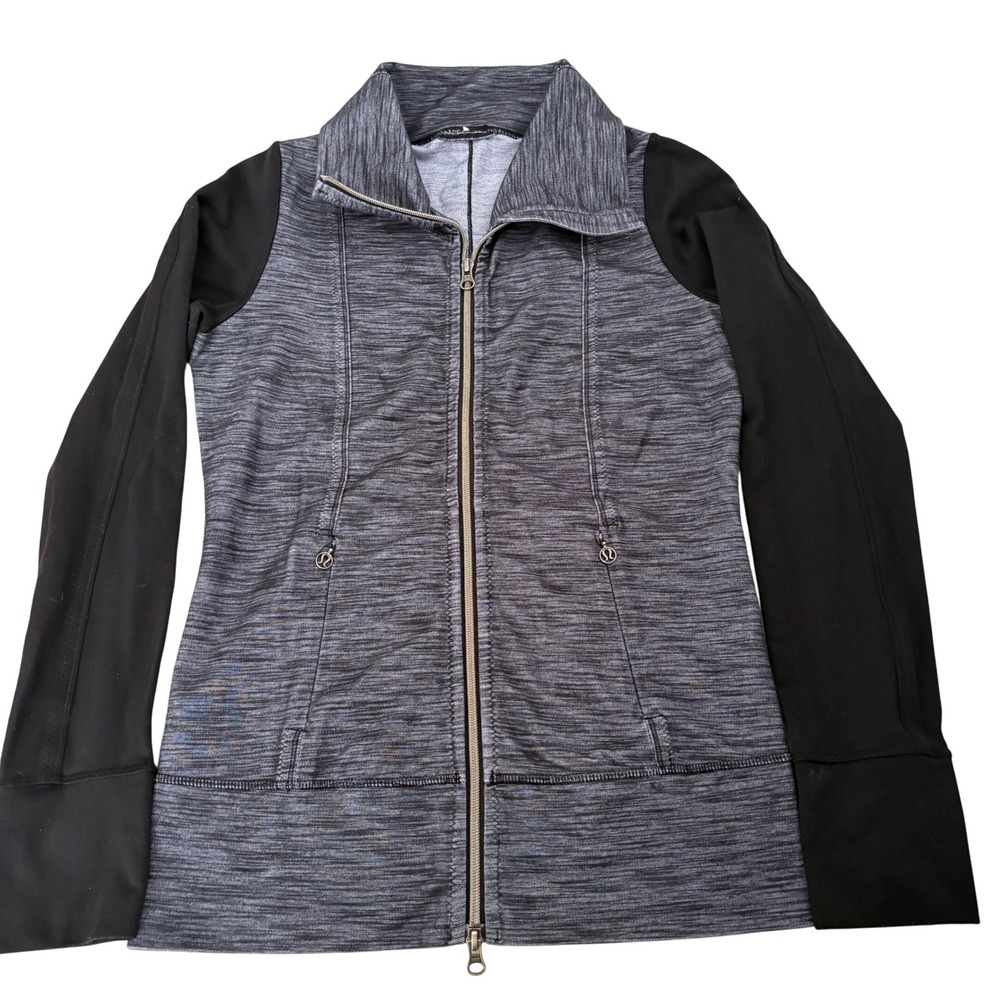 Lululemon Space Dye Grey Black Full‎ Zip Jacket Funnel Neck Thumbholes Size 8